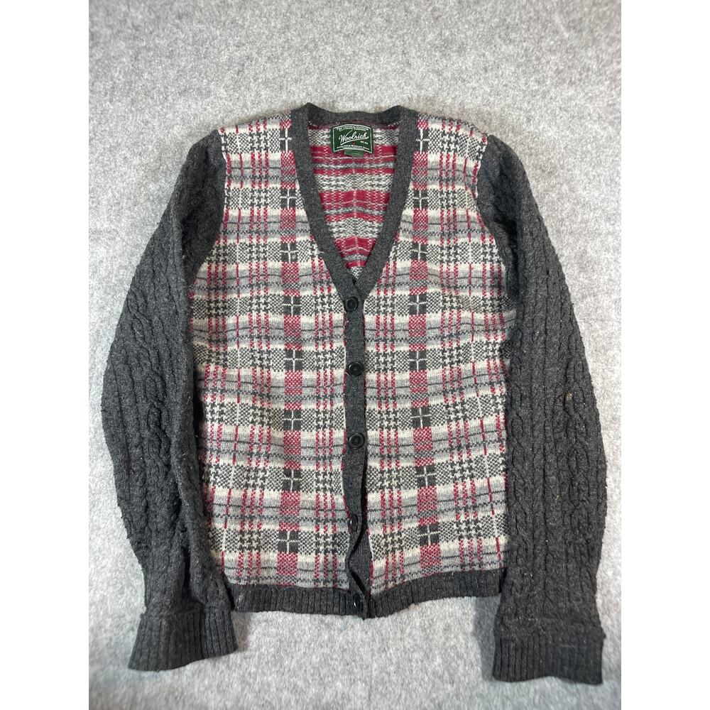 VINTAGE 90s Woolrich Cardigan Womens Medium Gray Plaid V Neck Sweater Grandma